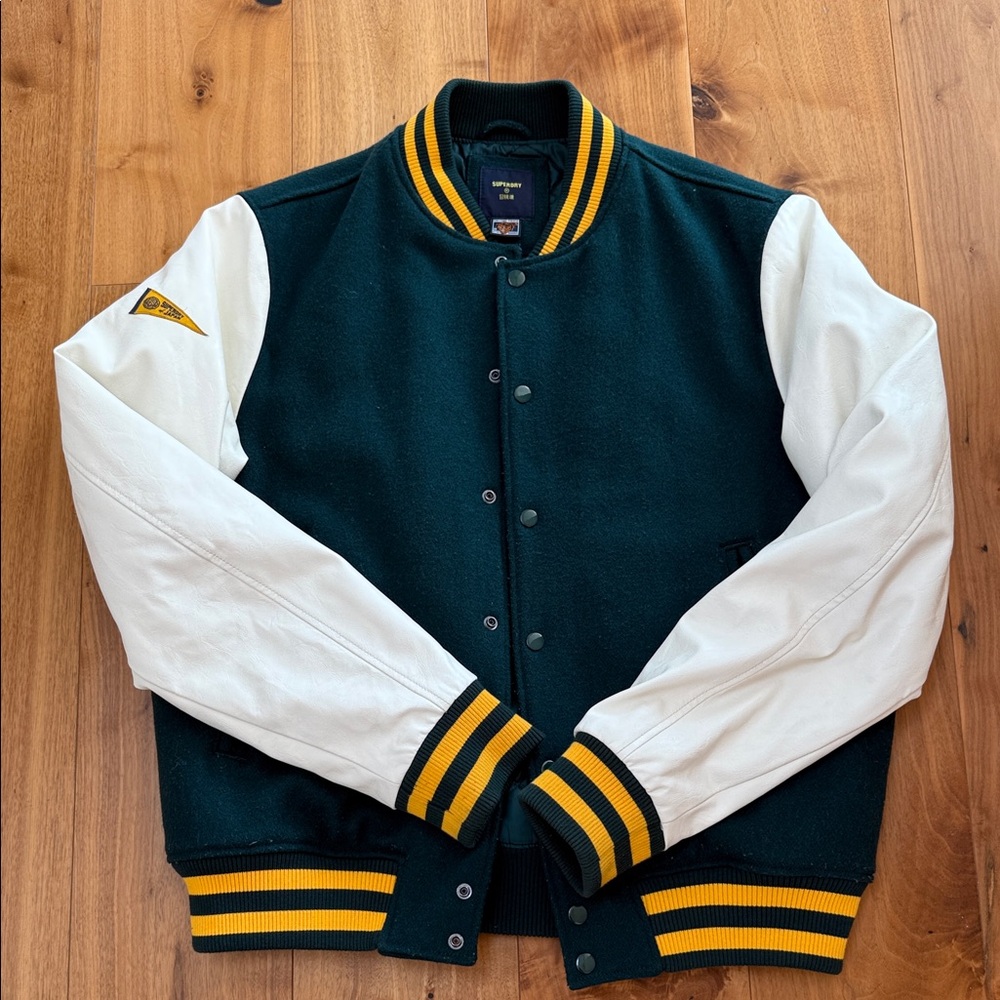 Superdry Green and White Varsity Bomber Letterman Jacket